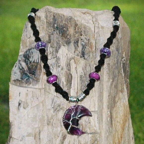 Amethyst Wire Wrapped Tree of Life Crescent Moon on a 20" Black Hemp Necklace - Picture 1 of 4